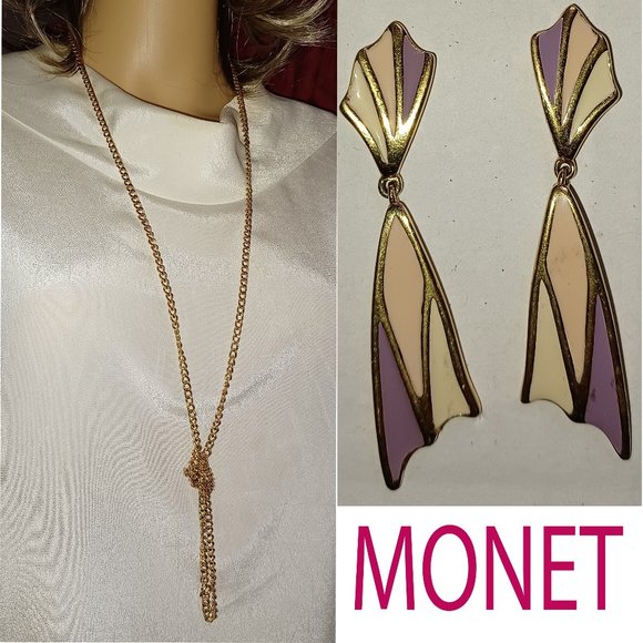 UNWORN Vntg MONET Xlong Necklace & ENAMEL Post Dangle Earrings - Picture 1 of 3